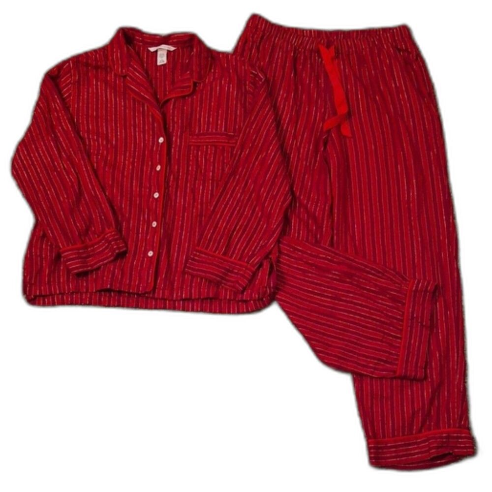 Victoria's Secret Flannel Pajama Set LS Top Pants M Red Gold Stripe Cotton Modal